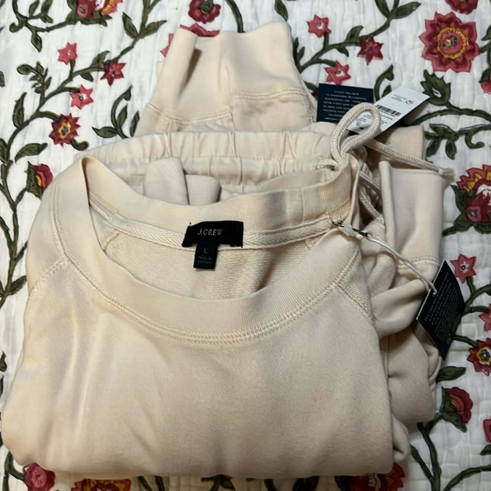 J Crew NWT ecru lounge set Top size large, medium bottoms. 100% cotton